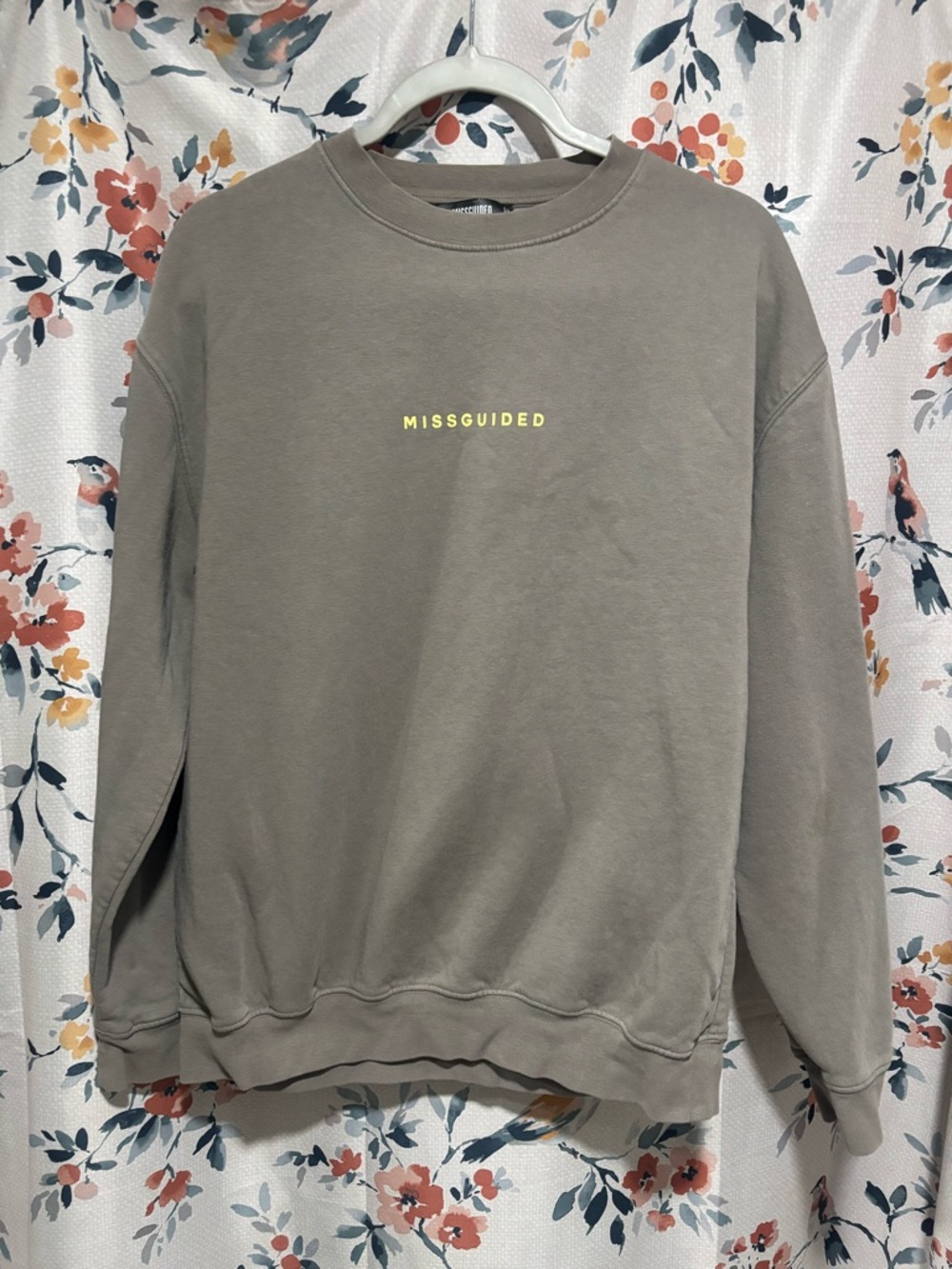 Missguided + Taupe Crewneck Sweatshirt with Yellow Logo